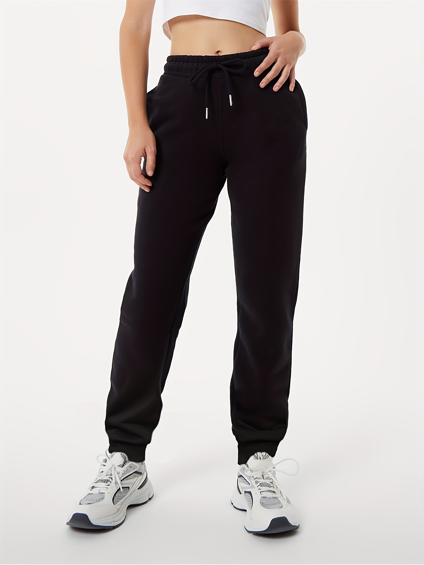 Casual Fleece Elastic Waist Sweatpants, Solid Color Drawstring Sports Loose  Pants, Women's Athleisure