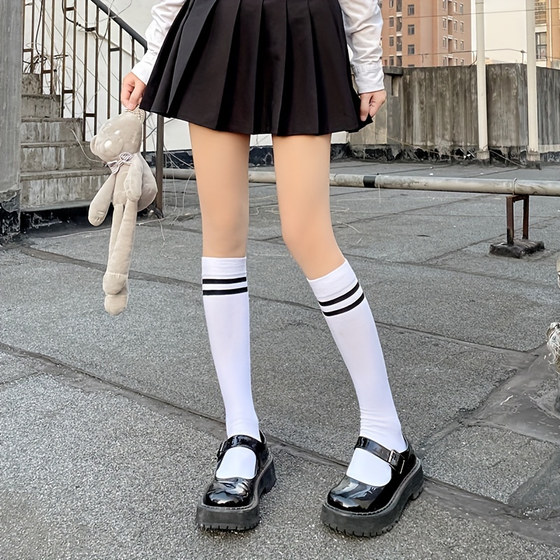 Striped Crew Calf Socks College Style All match Knee High - Temu