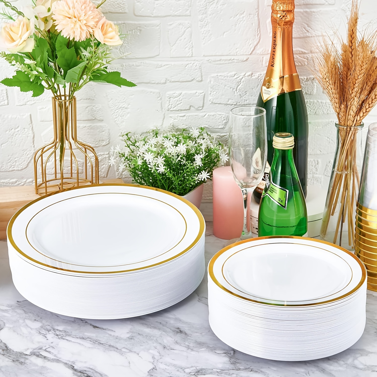 100 Piece Plastic Party Plates White Gold Rim, Premium Heavy Duty 10.25  Inch Dinner Plates Elegant Fancy Heavy Duty Disposable Wedding Plates 