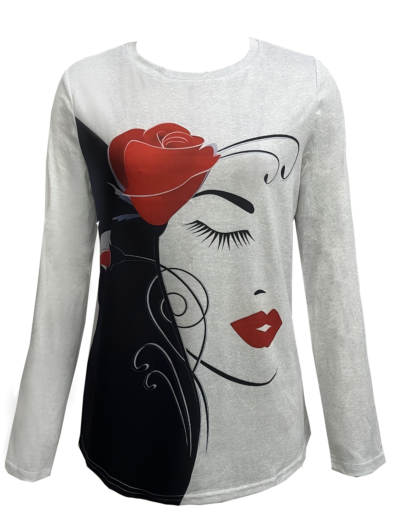 Black Long Sleeve T-Shirt with White and Red Print T-shirt Casual