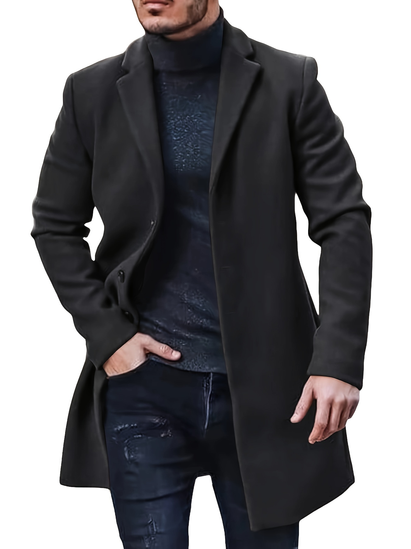 Men's Winter Trench Coat Long Jacket Lapel Neck Outwear Single