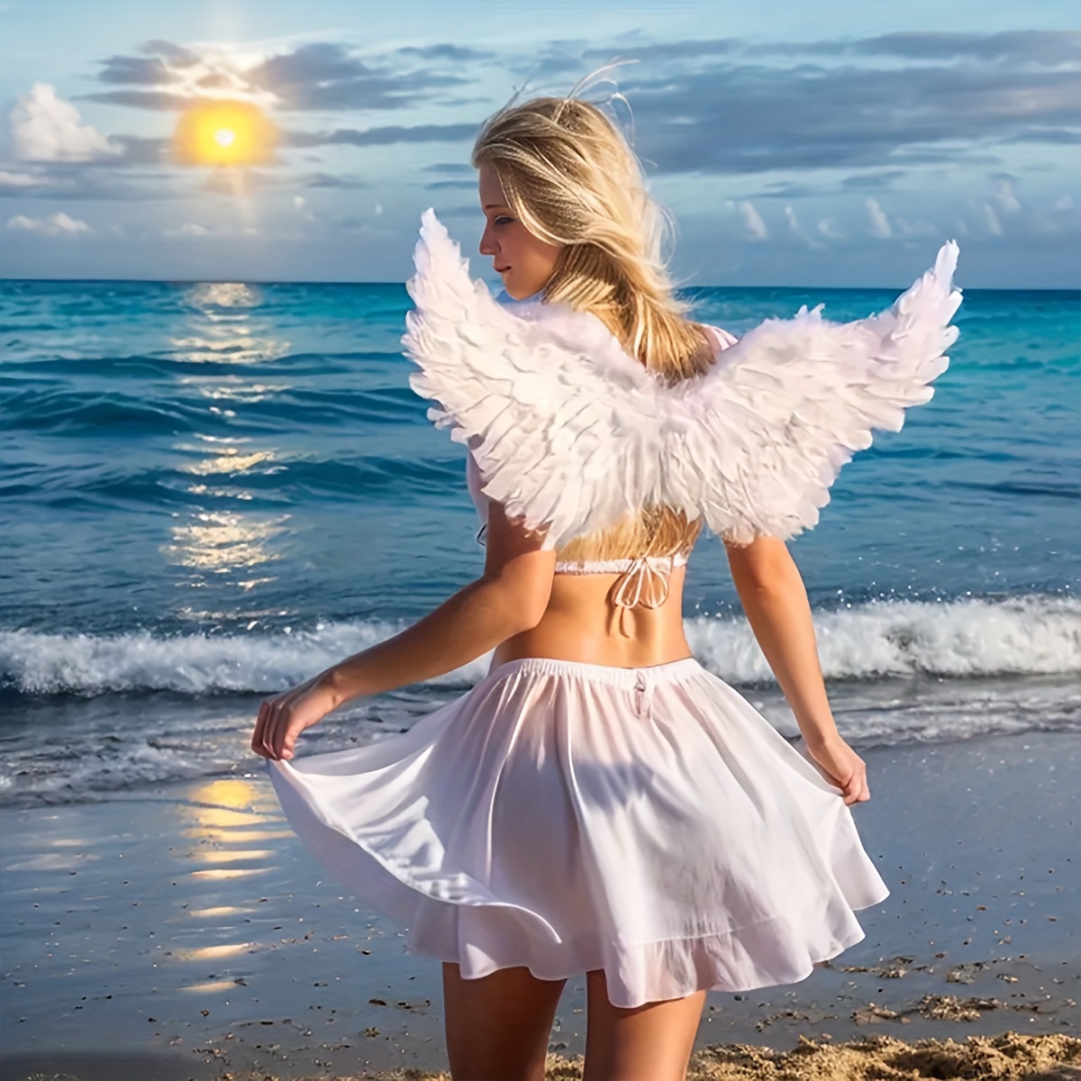  Disfraz de alas de ángel de plumas blancas iluminadas