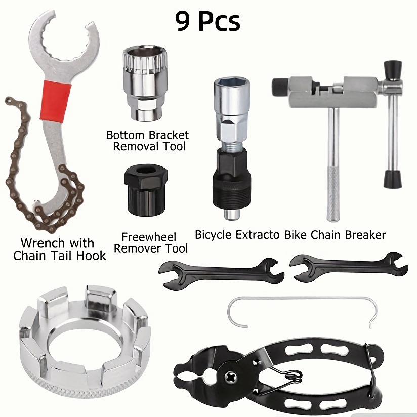 

9pcs/set Bicycle Repair Tool Kit - Road/mountain Bike Crankset Wrench, Chain Remover, Bottom Sleeve Spoke Wrench, Freewheel Tool & More!
