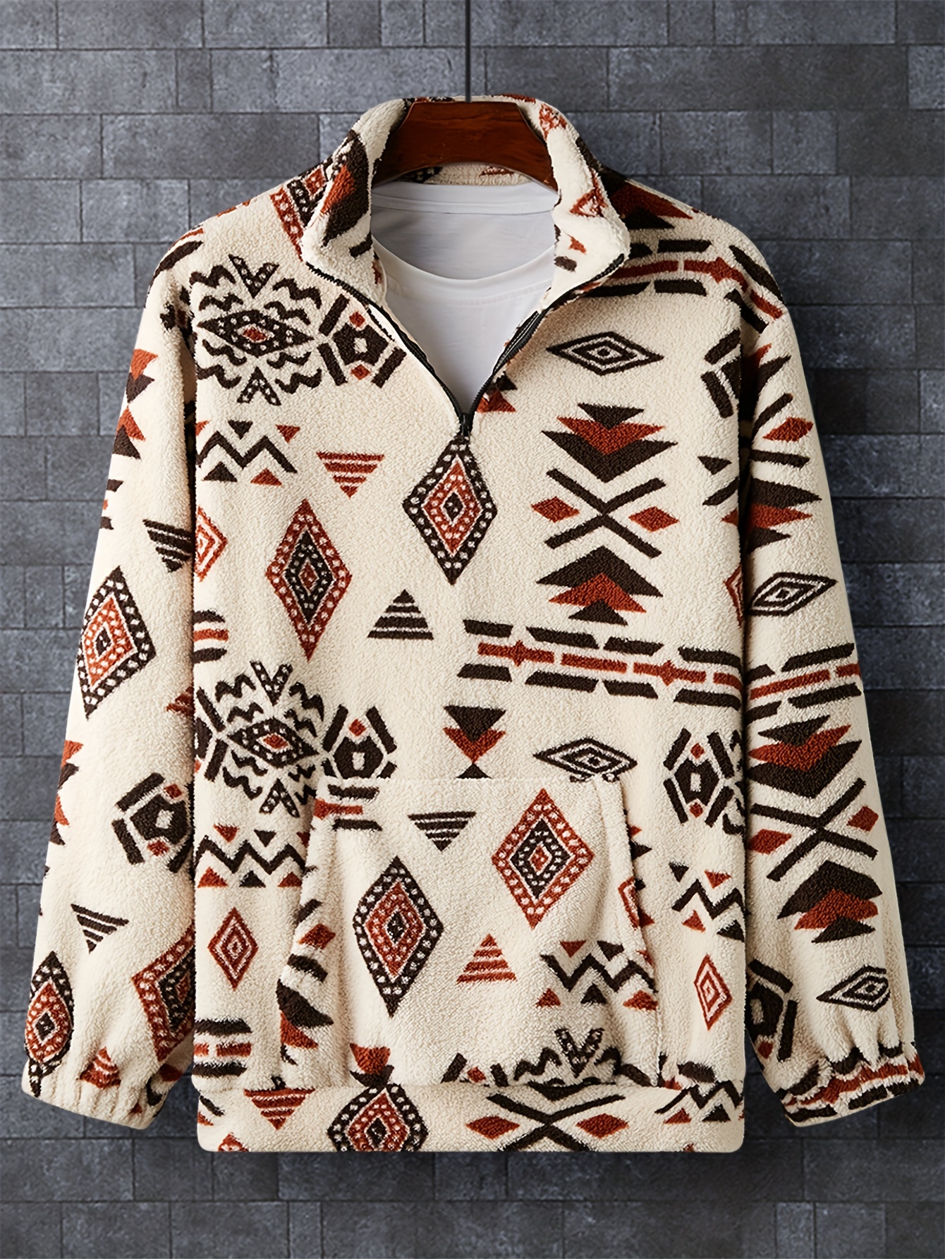 Plus Size Men's Ethnic Style Pattern Print Band Collar Sweatshirt Fleece  Thick Warm Jacket Fall Winter Tops, Men's Clothing