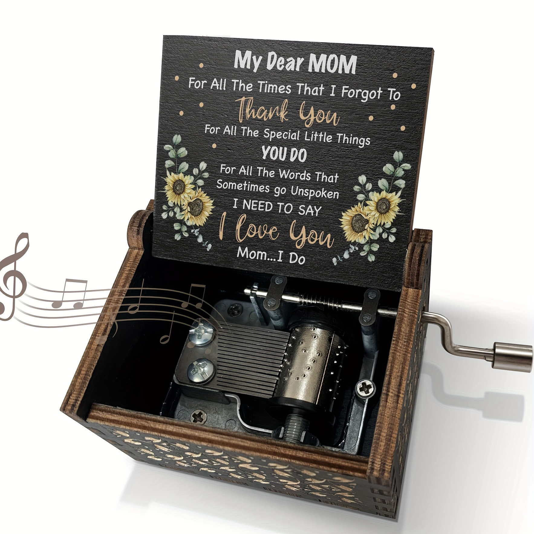 

1pc Sunflower Music Box Gifts Mother's Day Gift For Mom, Best Mom Birthday Gift, You Are My Sunshine Hand Crank Engraved Wooden Musical Boxes Christmas For Mother Black