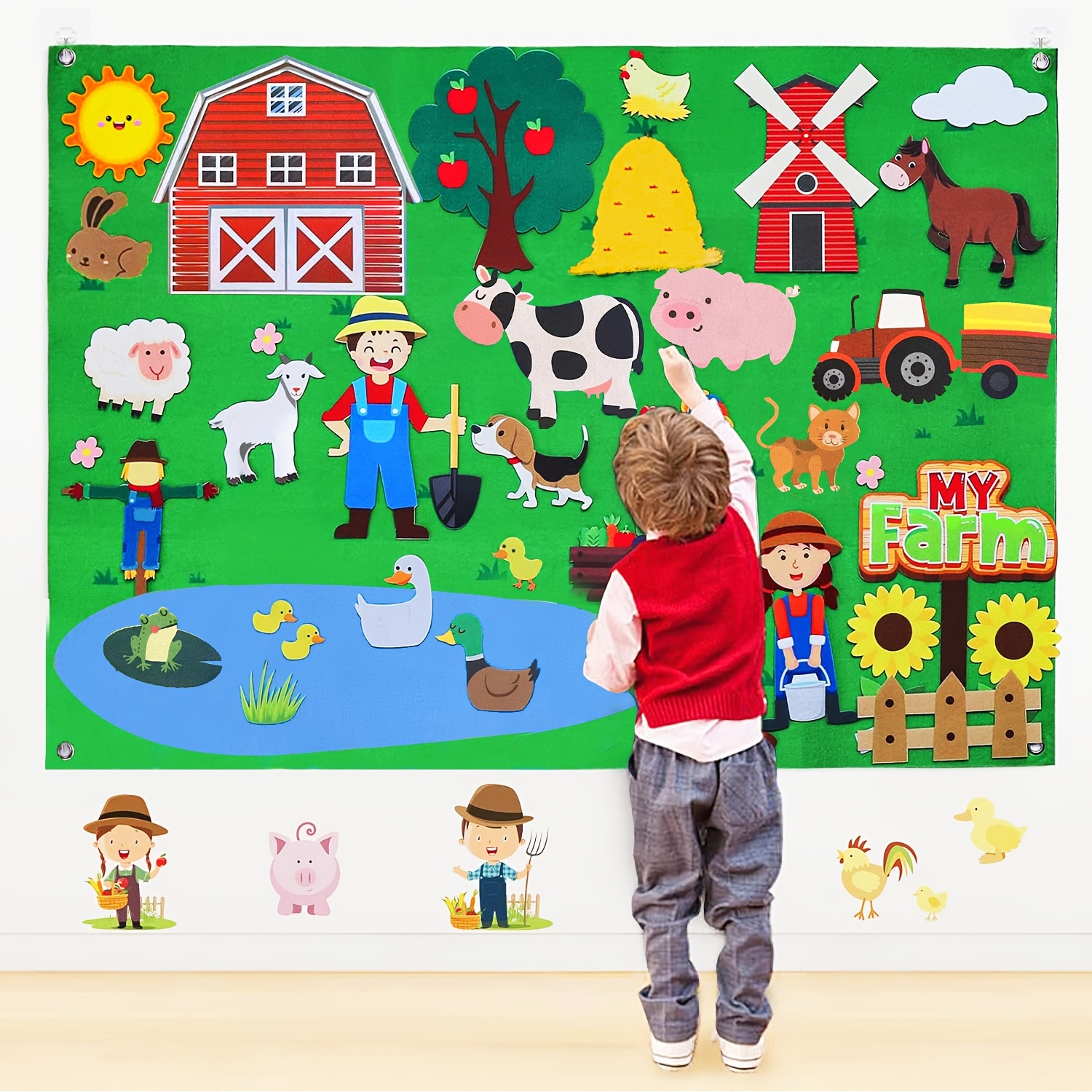 WATINC Farm Animals Felt Story Board Set 3.5Ft 38Pcs Preschool Farmhouse  Themed Storytelling Flannel Barnyard Domestic Livestock Early Learning
