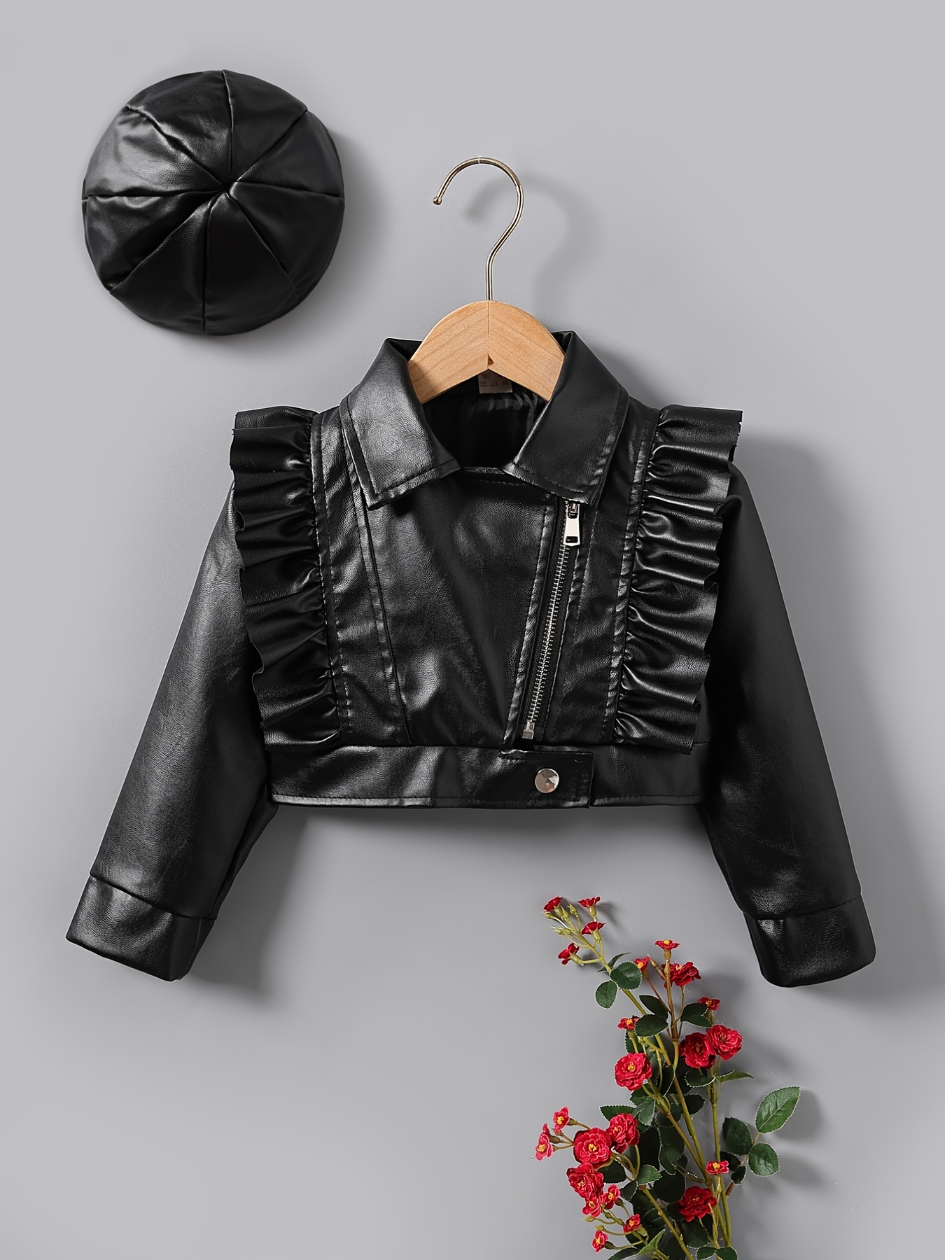 Girls Casual Punk Style Faux Leather Ruffled Cropped Jacket Temu