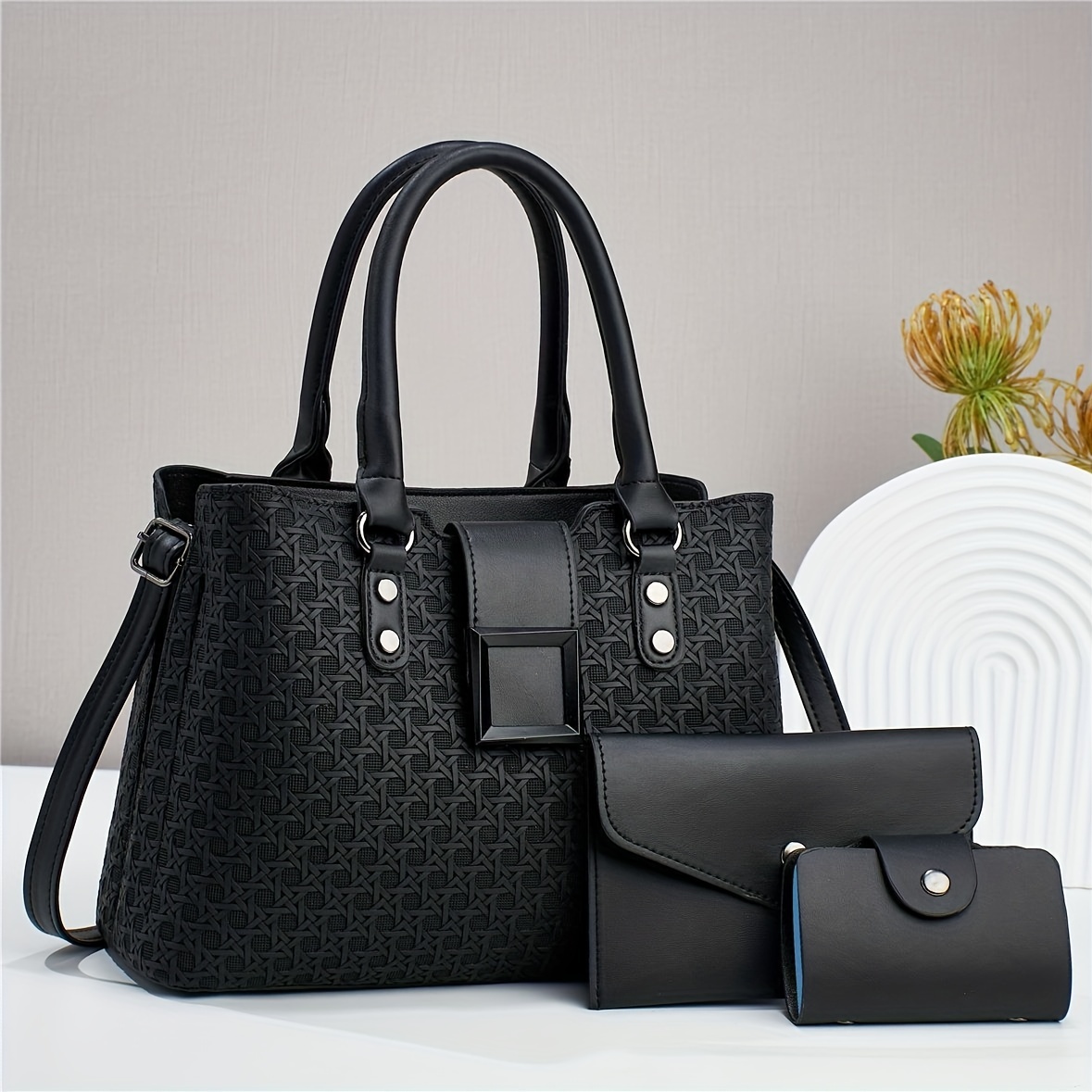 Classic Geometric Embossed Pattern Bag Sets Solid Color Tote Temu