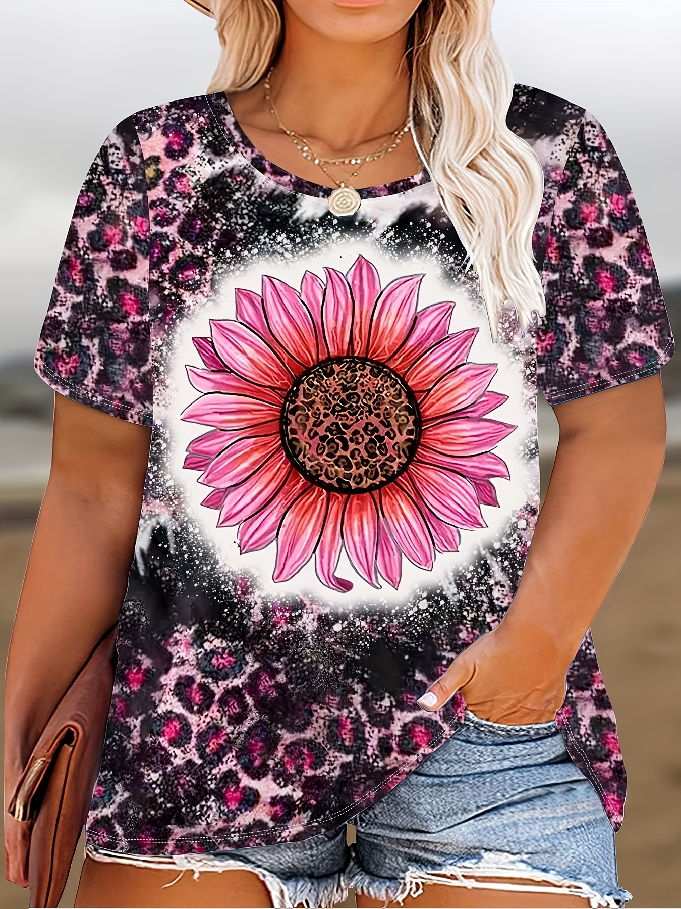 Plus Size Colorblock Floral Print Short Sleeve T Shirt Womens Plus