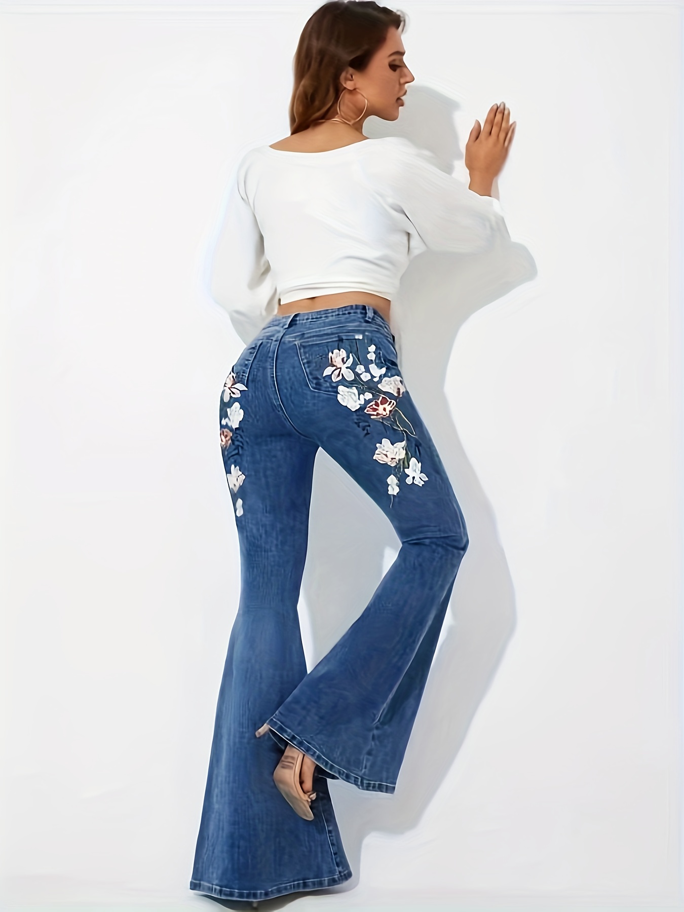 Womens Denim Flare Pants Floral Embroidered High Waisted Stretchy
