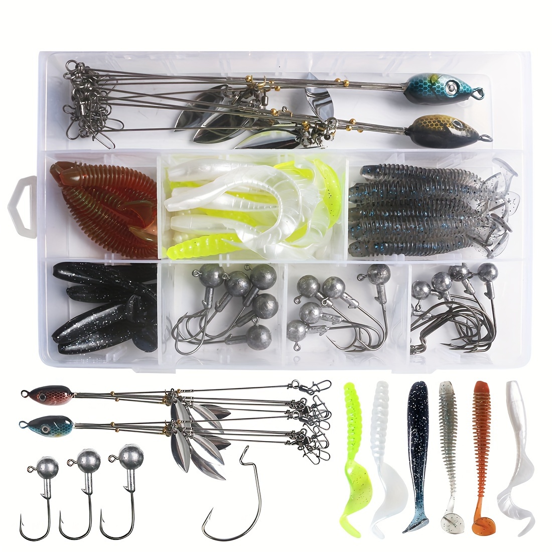 56pcs * Fishing Group Set, Including Soft Wobbler Baits, Round Lead Hooks,  Crank Hook, Fishing Bait With Sequins, Fishing Gear With Box