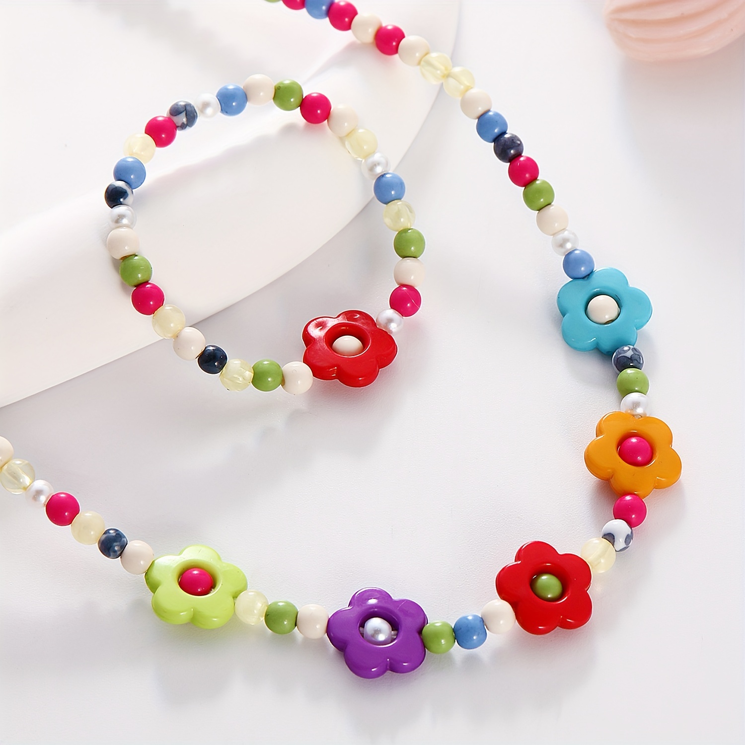 

2pcs Kids Colorful Acrylic Jewelry Set, Cute Round & Flowers Beads Beaded Necklace & Bracelet Set, Ideal Choice For Gifts