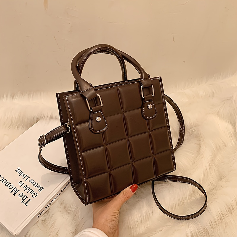 Brown checkered shop crossbody bag