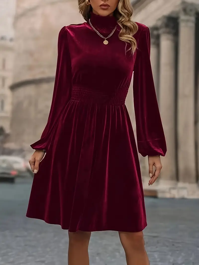 solid shirred knee length dress elegant long sleeve mock - Temu Canada solid shirred knee length dress elegant long sleeve mock - Temu Canada