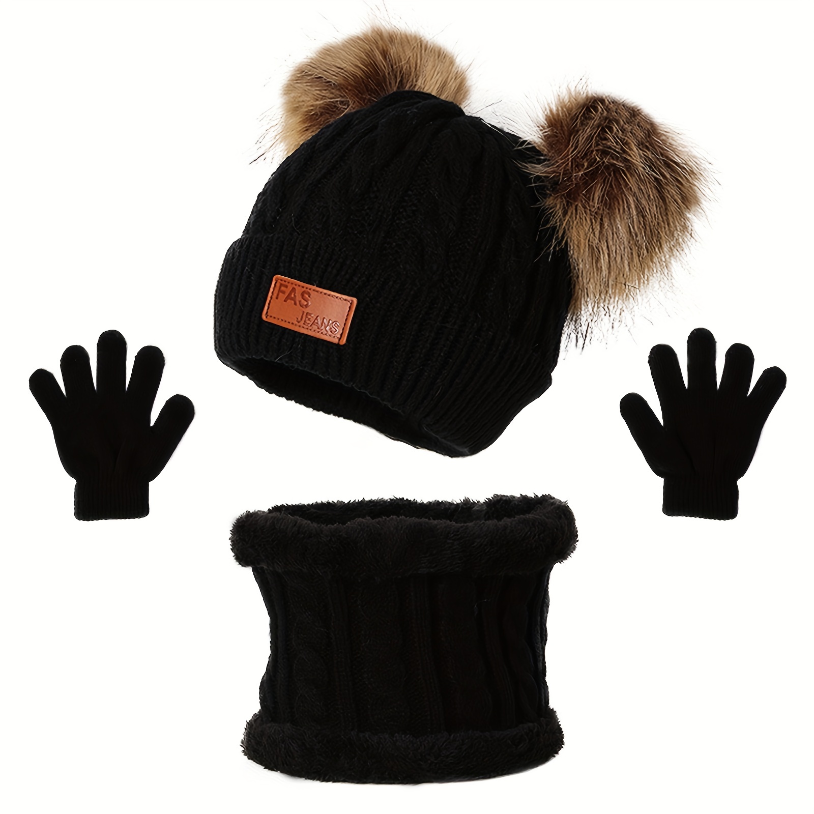 Ensemble bonnet, écharpe, gants pour enfants, Noël en tricot doublé en  peluche pour l'hiver – Tenue par temps froid pour le ski, la course à pied