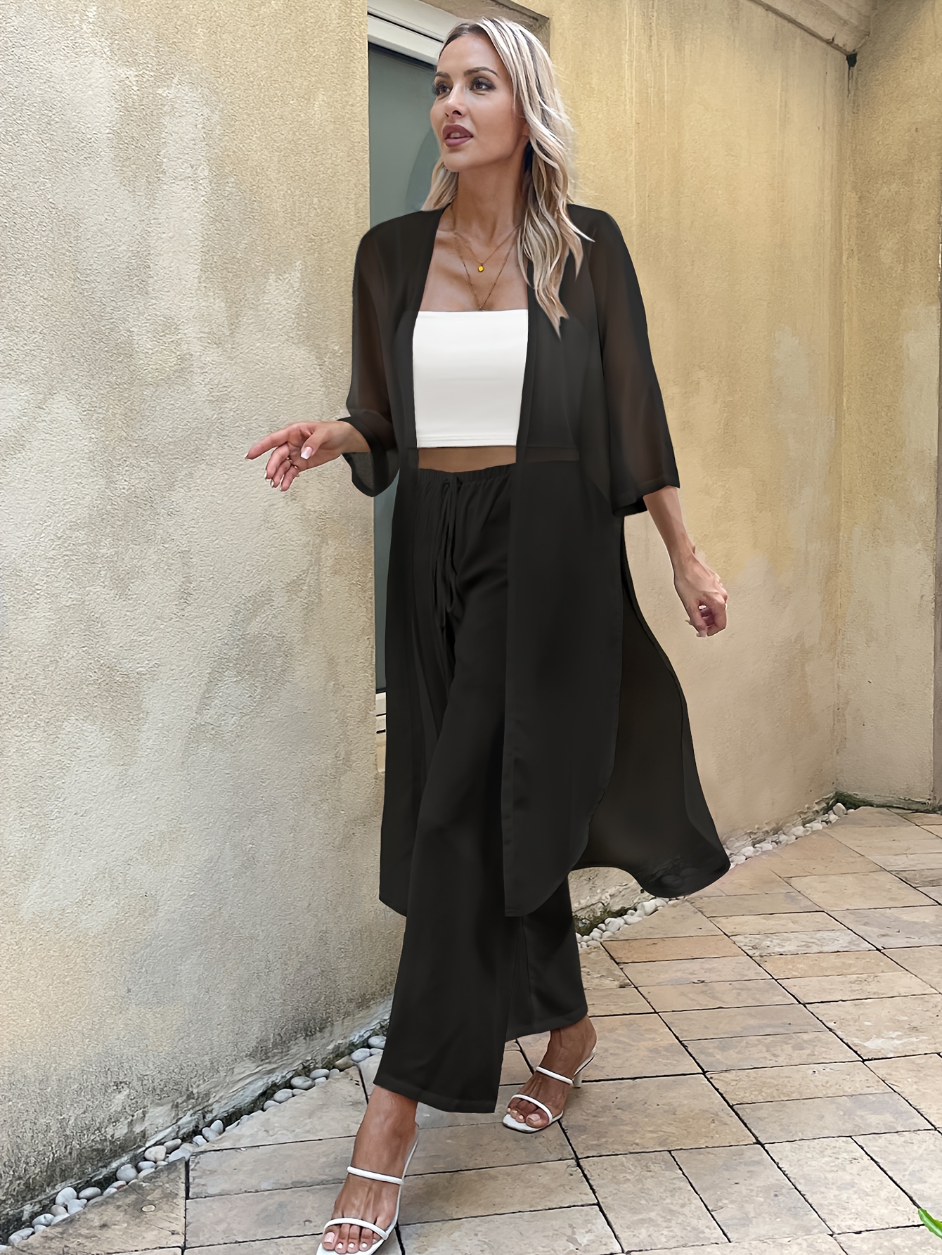 solid casual two piece set open front 3 4 sleeve cardigan pants outfits womens clothing