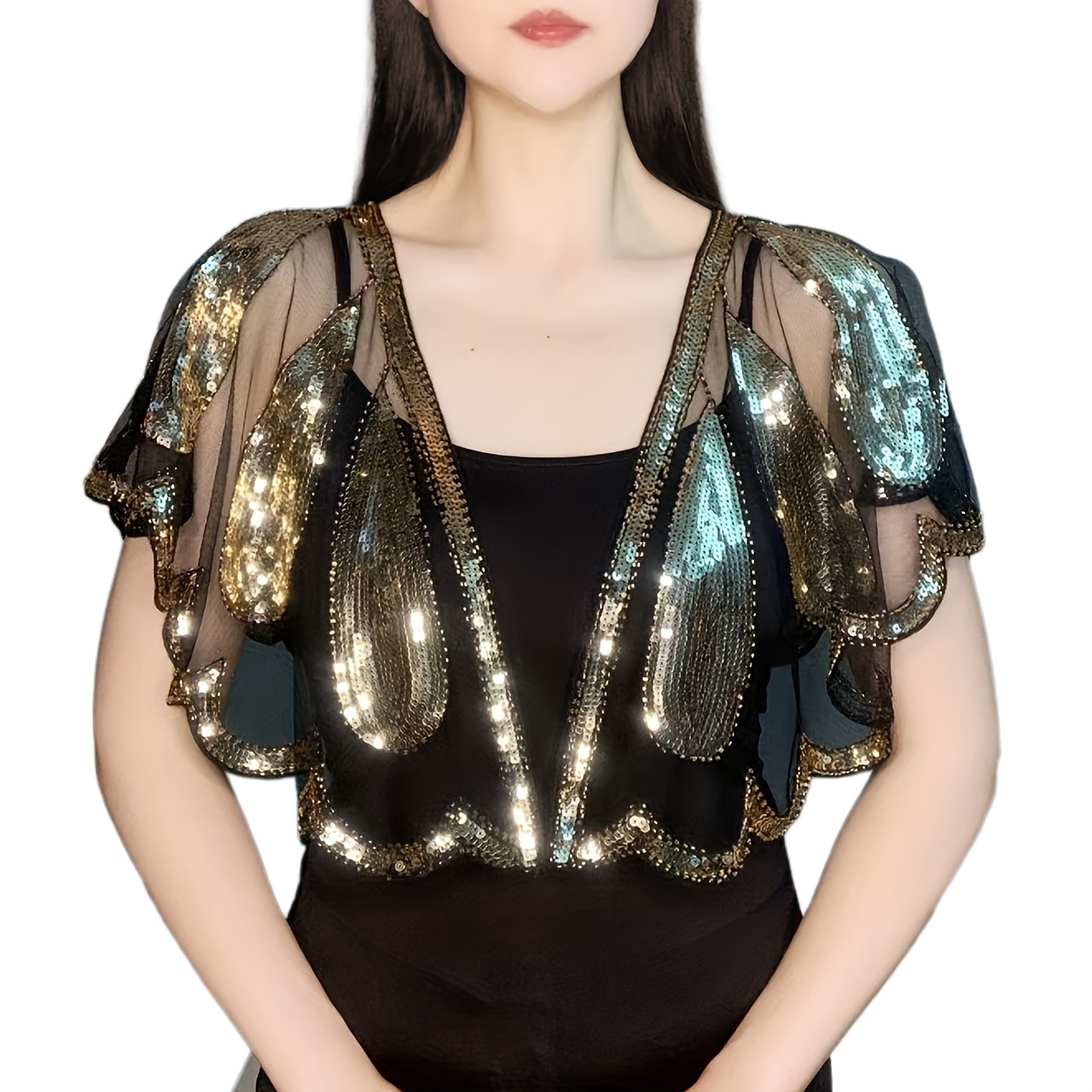 Leaf Embroidery Sequin Shawl Women's 1920s Shawl Wrap Beaded Evening Cape