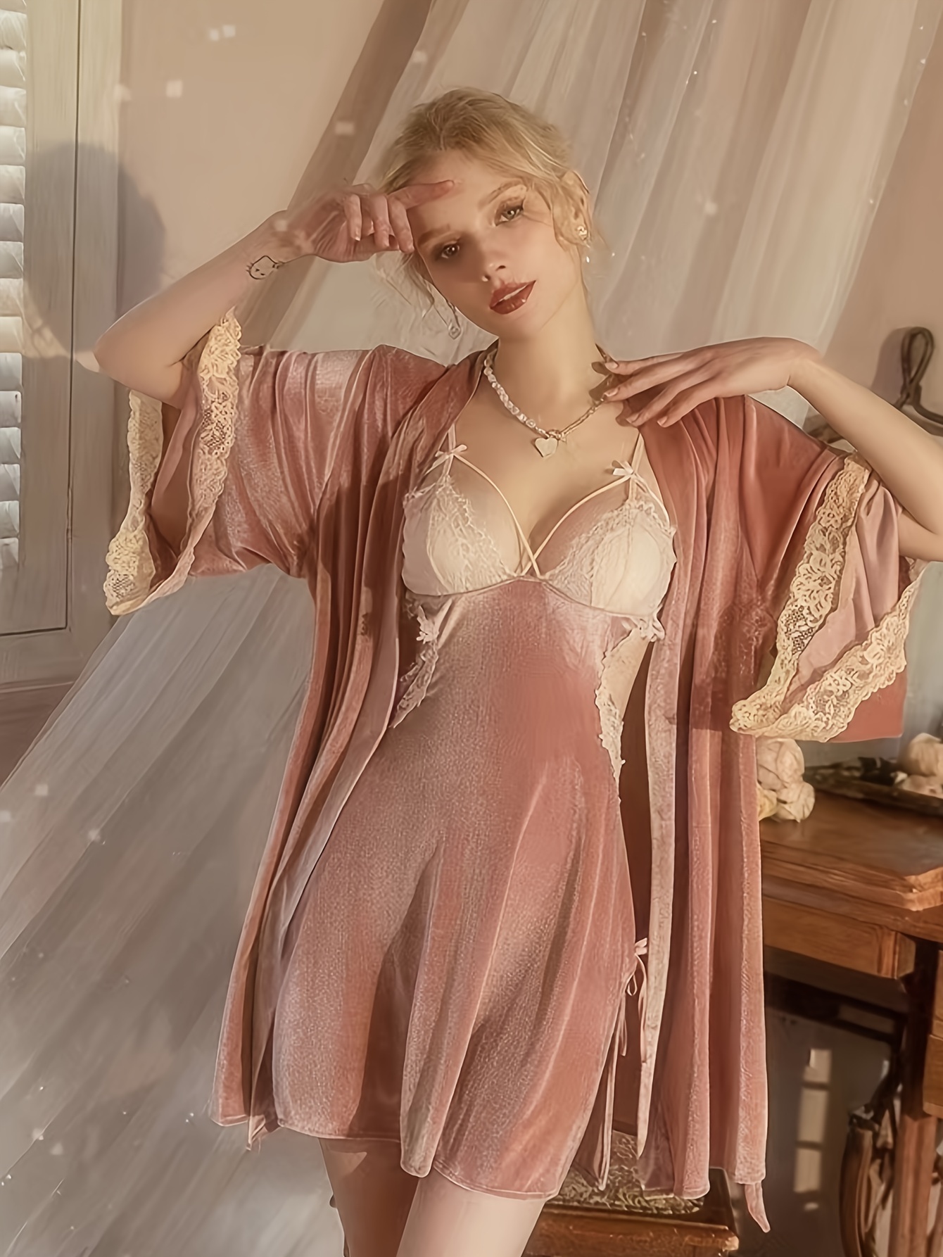 Pink Lace Hollow Out Back Design Robe Lingerie with Panties