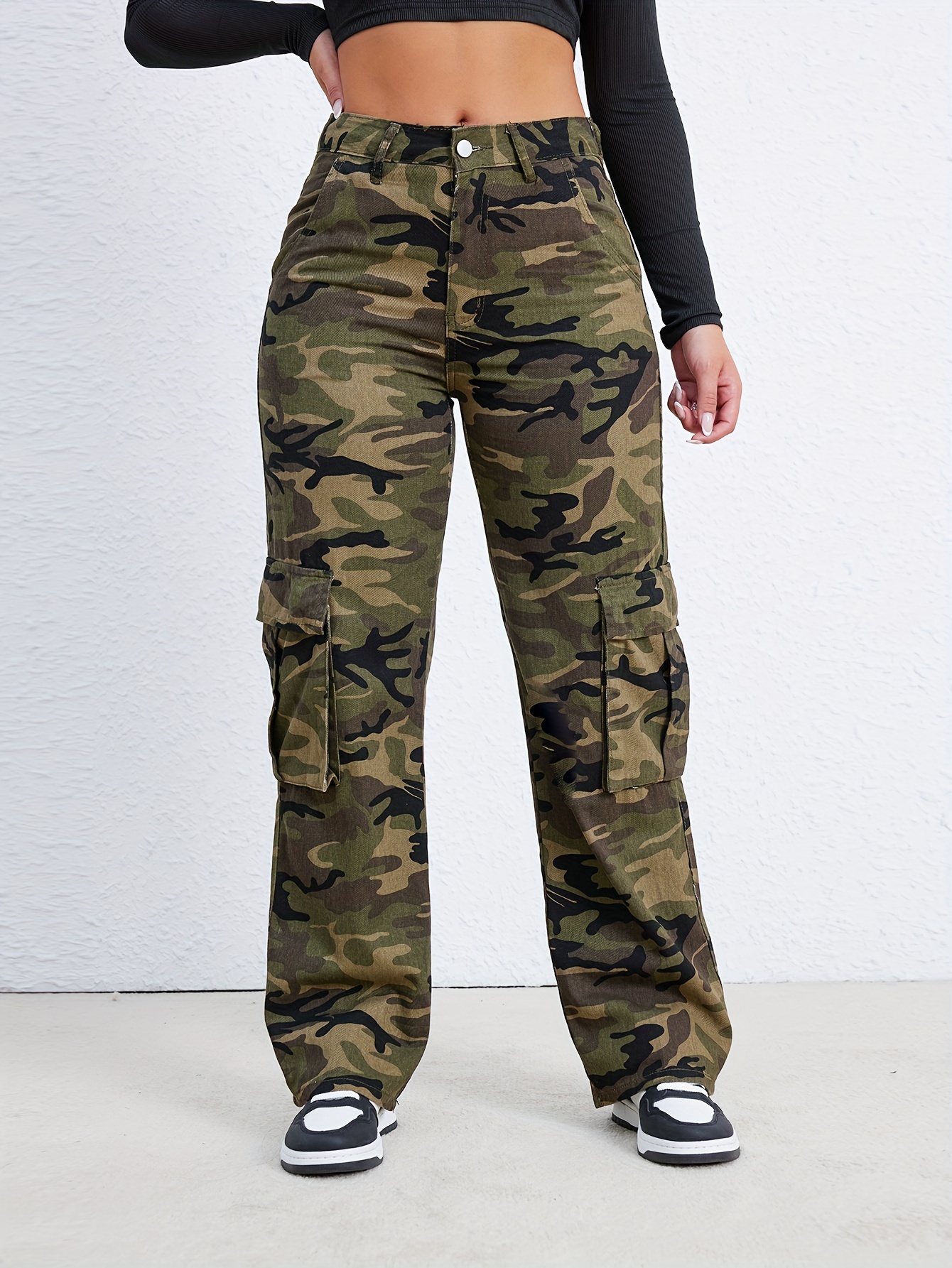 Lady High Waist Cargo Pants Loose Combat Work Military Hip Hop Sport Casual