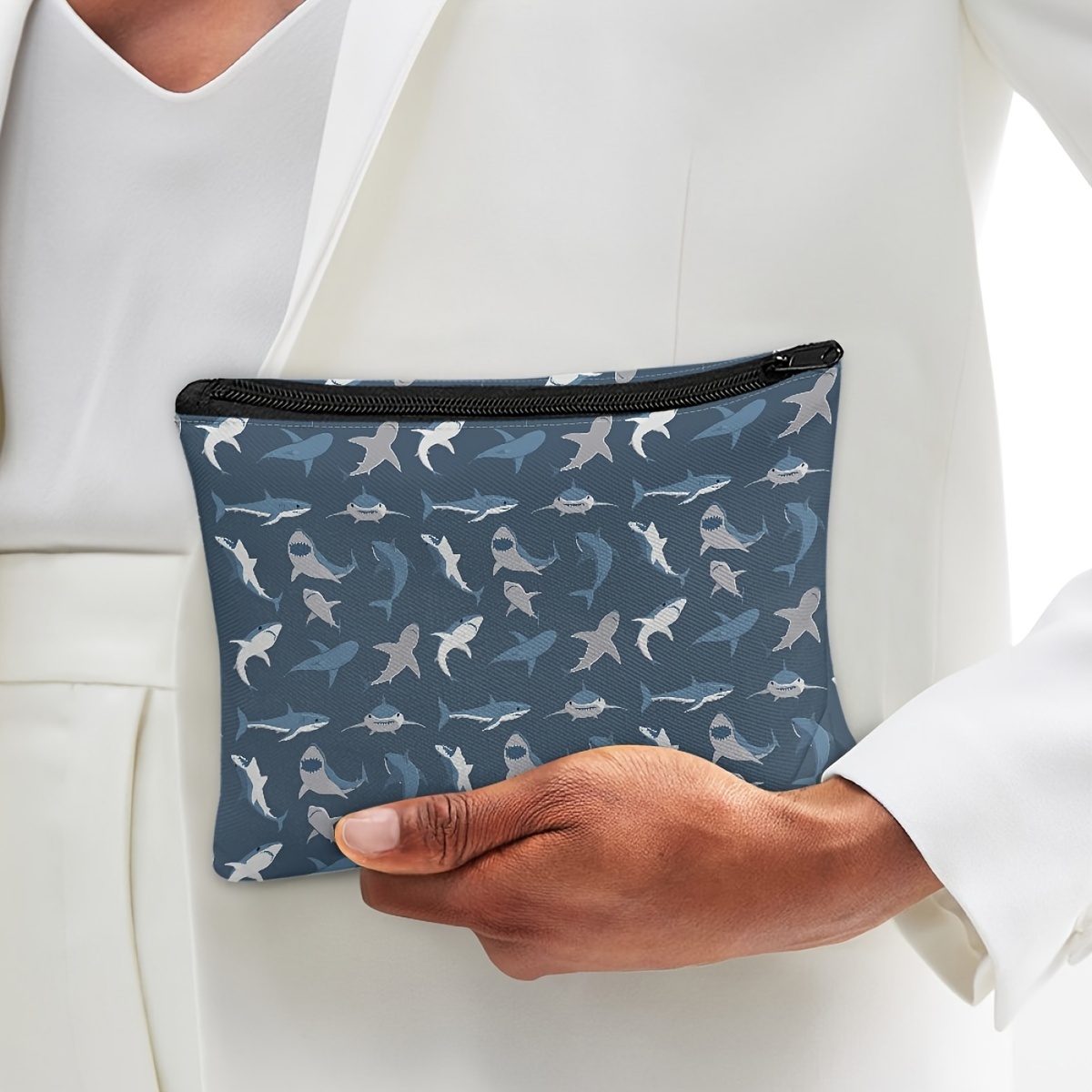 

Cute Small Shark Pattern Makeup Bag Storage Bag With Zipper, Portable Travel Wash Bag