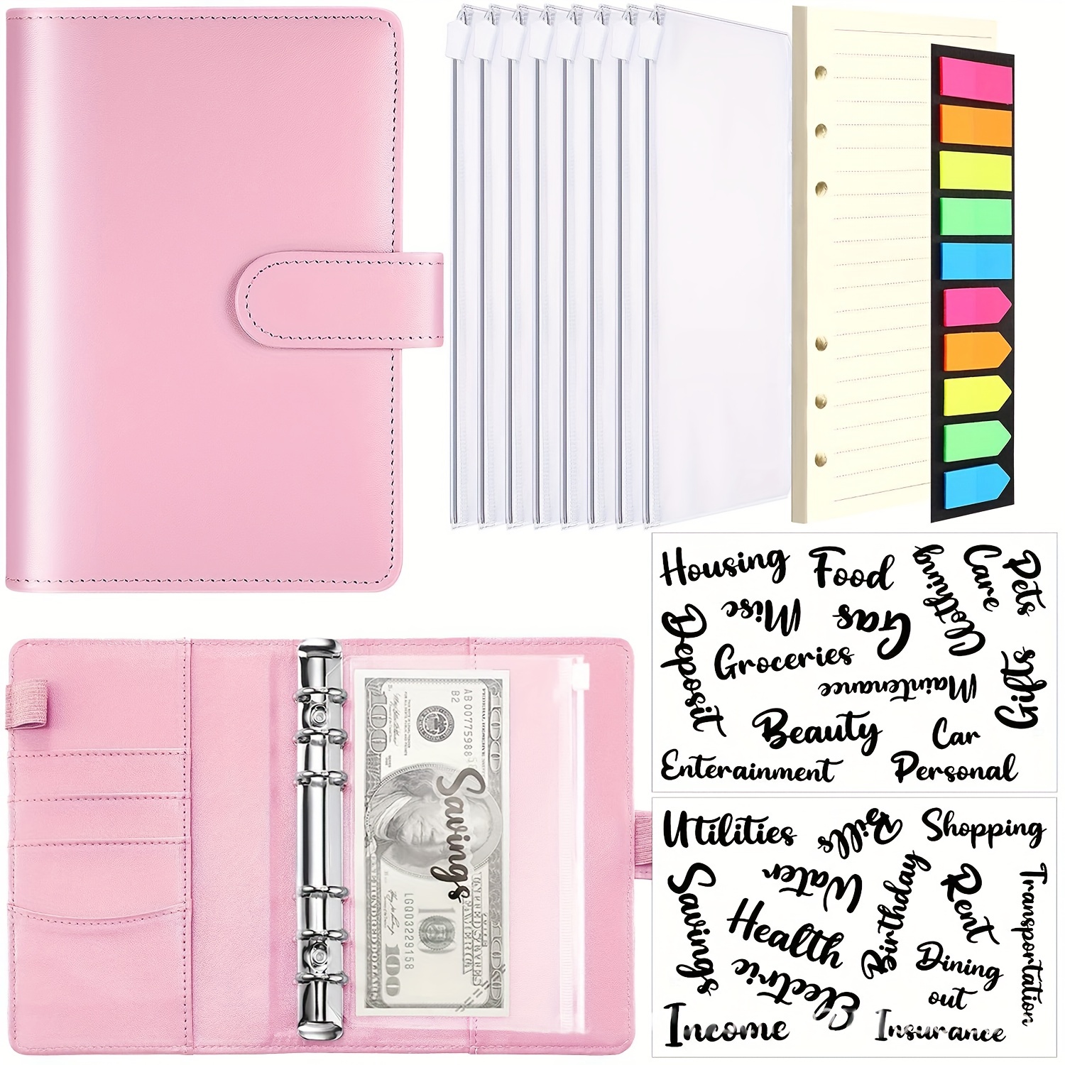 A7 Binder Wallet with Zipper Envelopes - Mini Money Organizer for Saving,  Budget Cash Envelope System, Ring Binder with Pockets, Sheets and Stickers