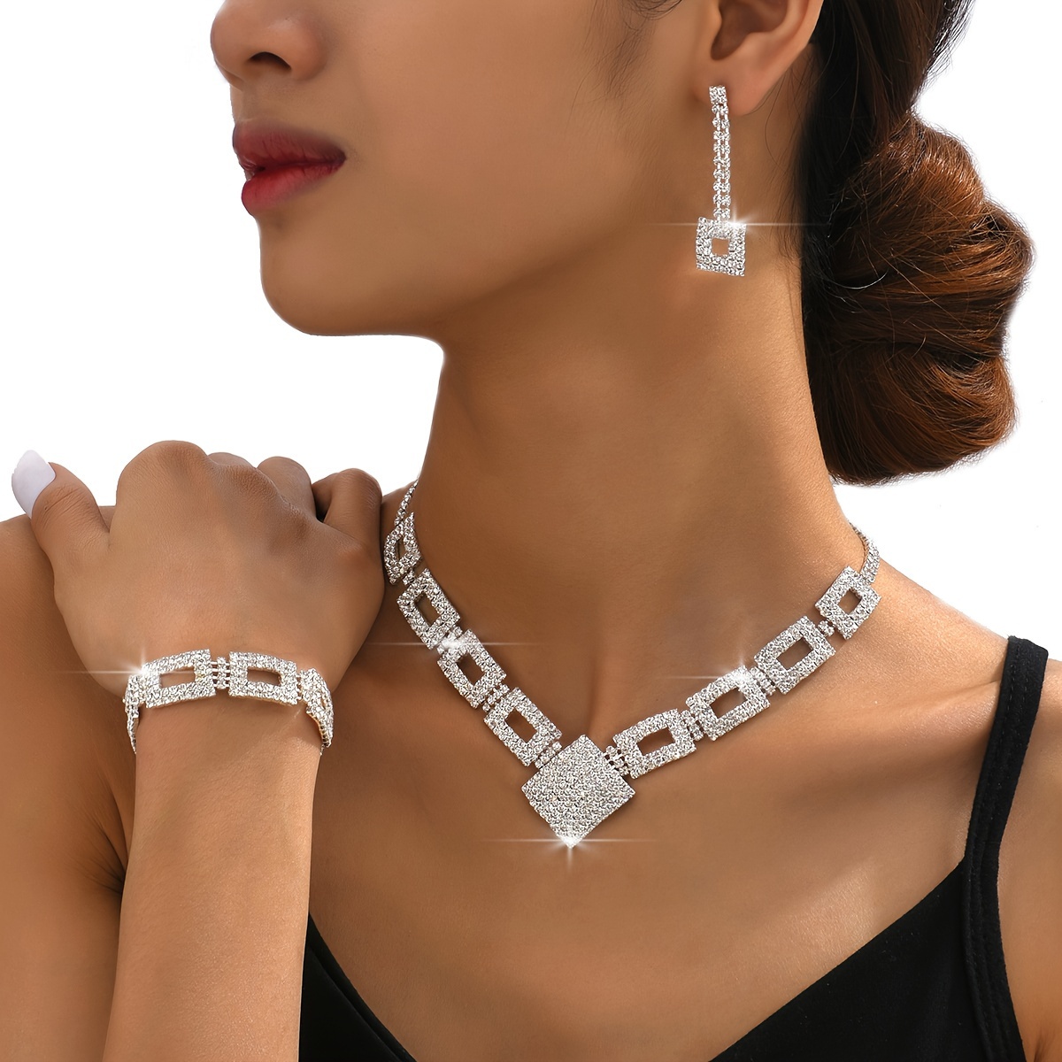 

1 Pair Of Earrings + 1 Necklace/ 1 Pair Of Earrings + 1 Necklace + 1 Bracelet Elegant Jewelry Set Silver Plated Inlaid Rhinestone Evening Party Decor