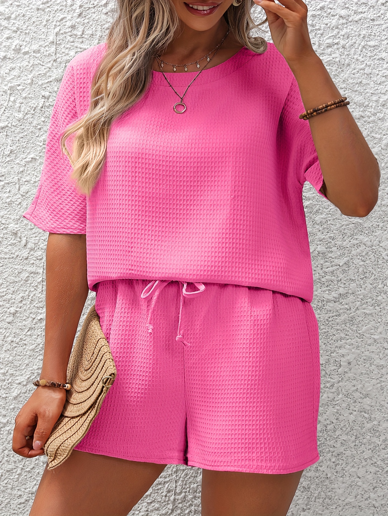 Waffle Knit Top & Drawstring Shorts 2PC Set