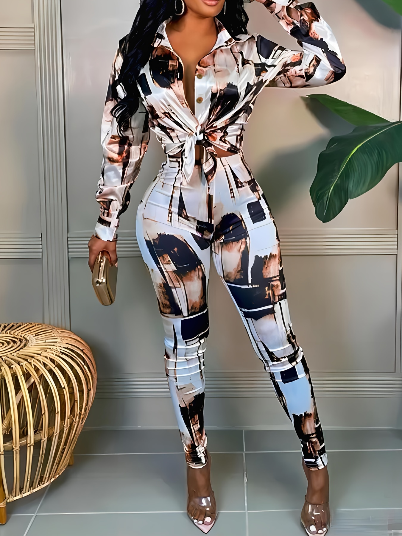 Color Block Casual Two-piece Set, Button Front Long Sleeve Shirt & Slim  Pants Outfits, Women's Clothing