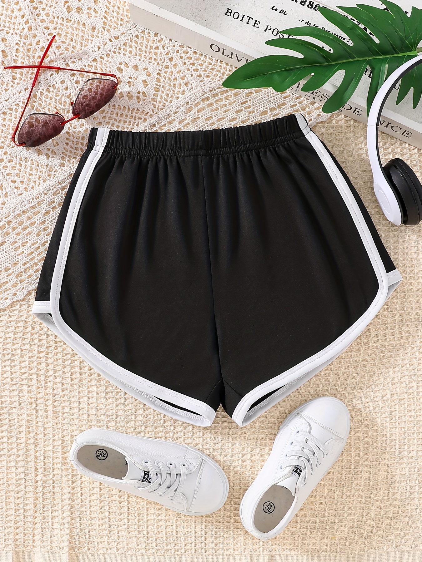 Girls' Basic Shorts, Contrast Binding Comfortable And Breathable