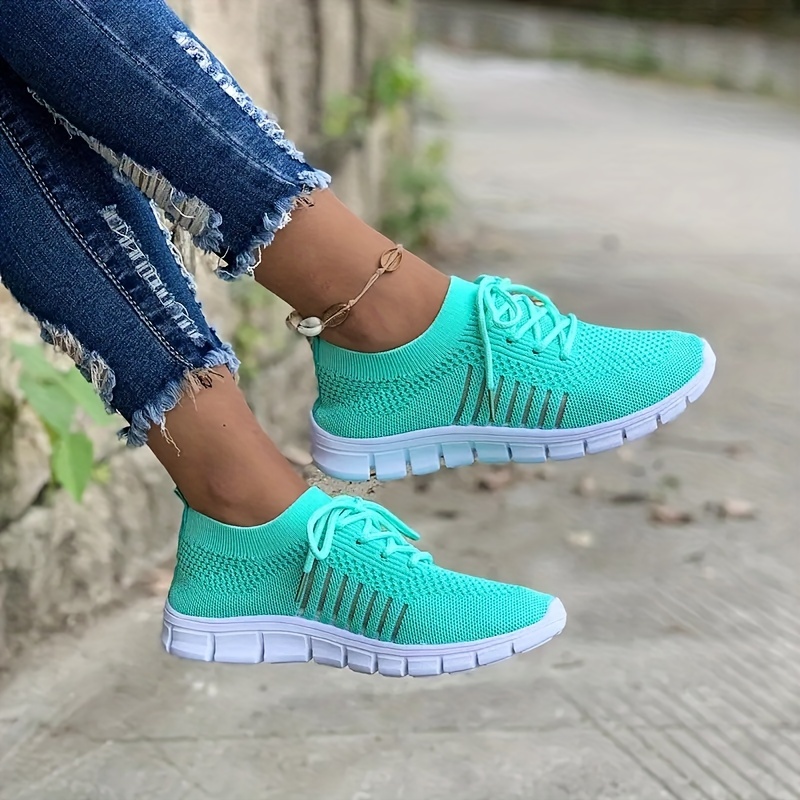 

Women's Mesh Breathable Running Shoes, Solid Color Lace Up Front Summer Walking Shoes, Flying Woven Casual Sneakers