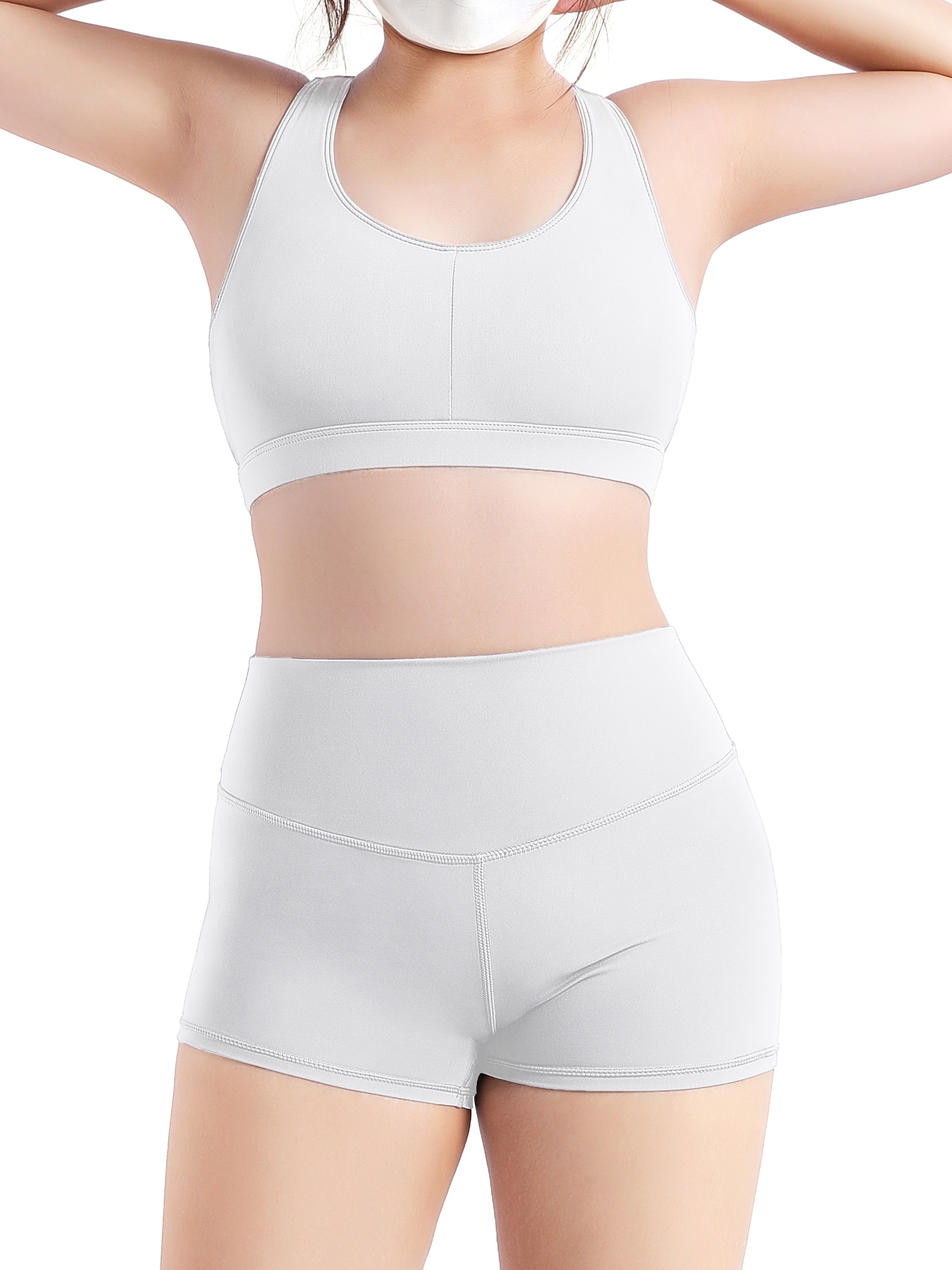 Womens White High Waist Short Yoga Set With Crop Top, Bra, And