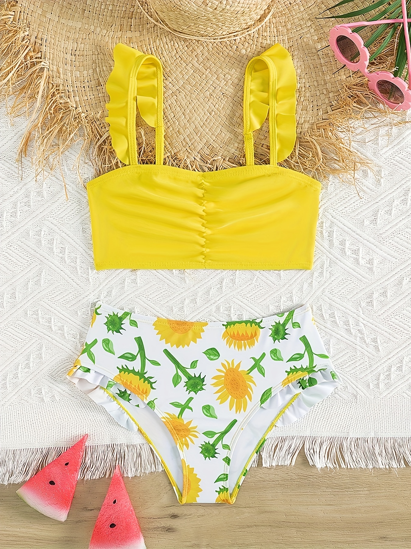 Girls Bathing Suits Girls Crew Neck Tie Bikini Top Sunflower