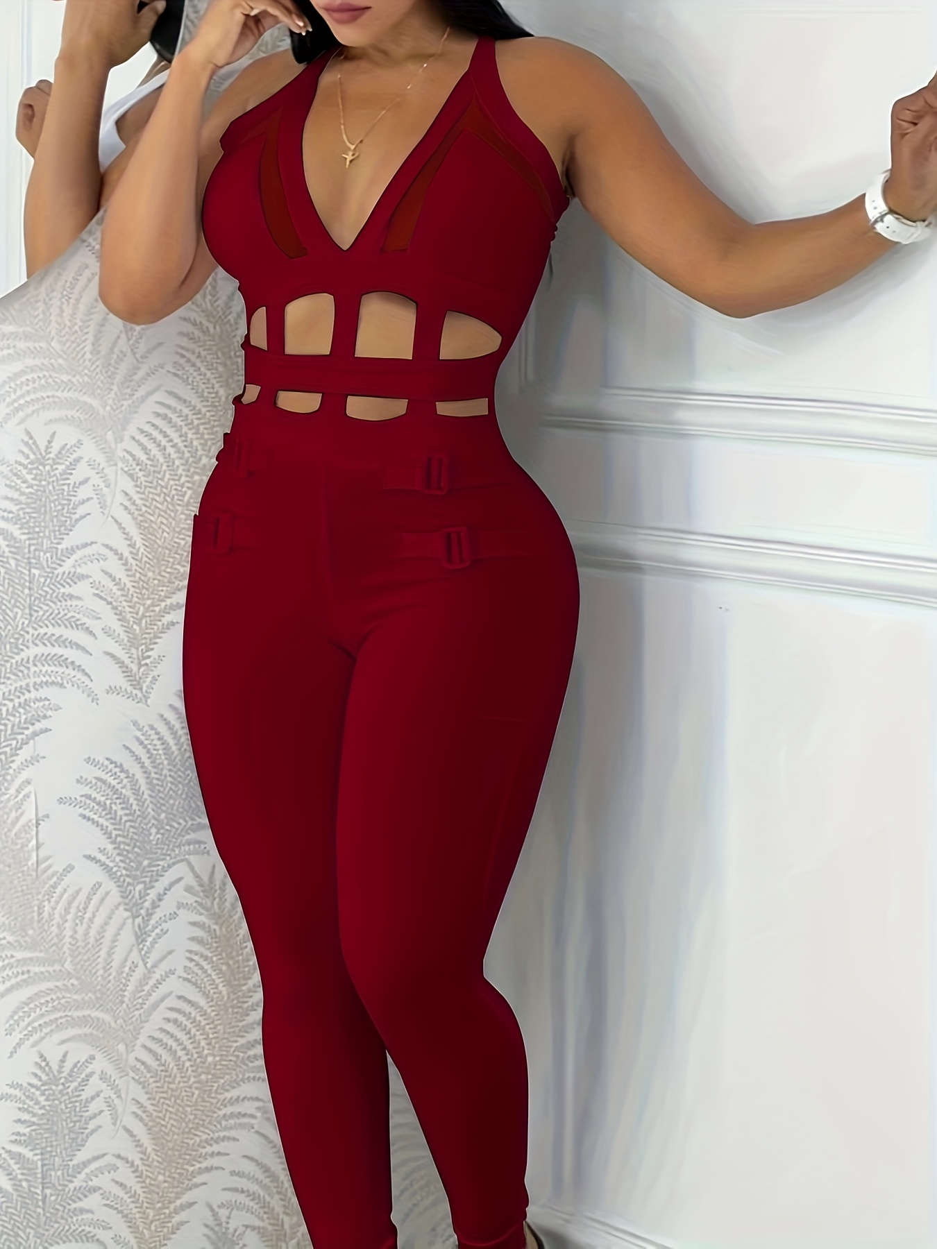 Buy RED CUT-OUT HALTERNECK BACKLESS JUMPSUIT for Women Online in India