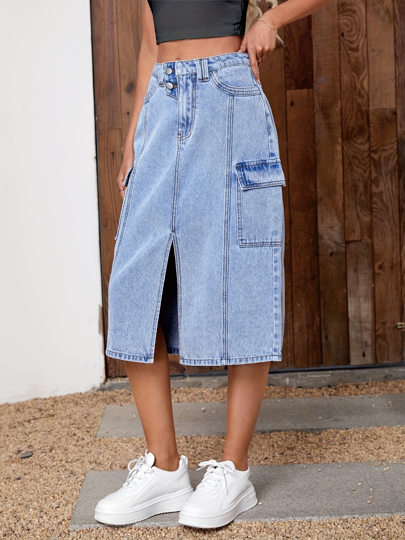 Moderntime Ladies Retro Trousers Flared Denim Skirt Fashionable High Waist  Western Style Must-have Pockets In Spring and Autumn