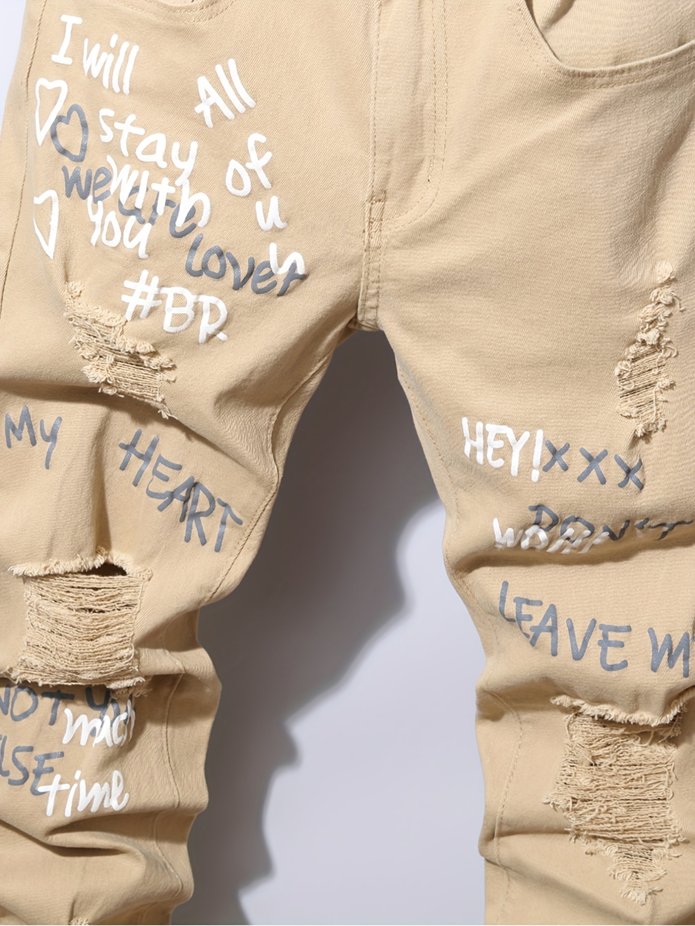 Stylish Slogan Print Men's Jeans Ripped Straight Regular Denim Jeans, Men's  Outfits - Temu Australia