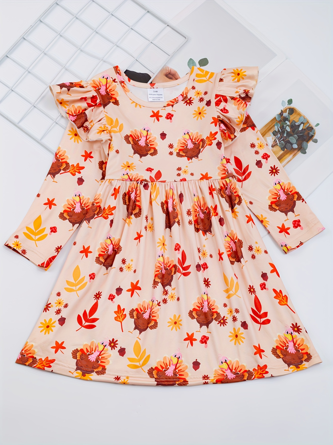 Turkey Graphic Flutter Trim Dress Kids Clothes Girls Autumn - Temu Austria