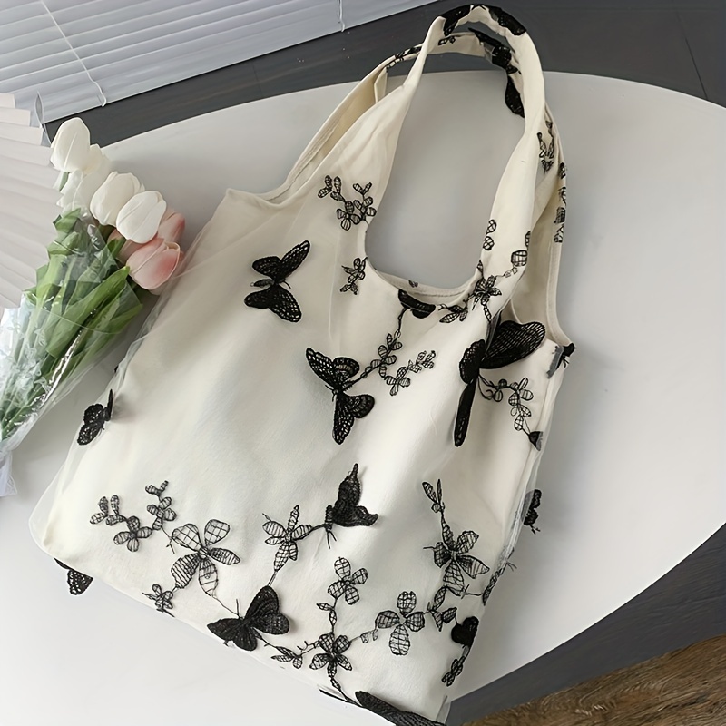 Butterfly and Flowers Large Canvas Tote Bag