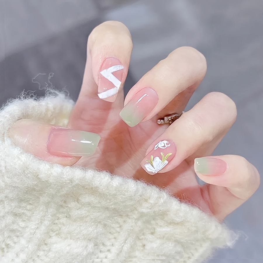 Mint Green French Tip Press Nails Nails Flower Design - Temu