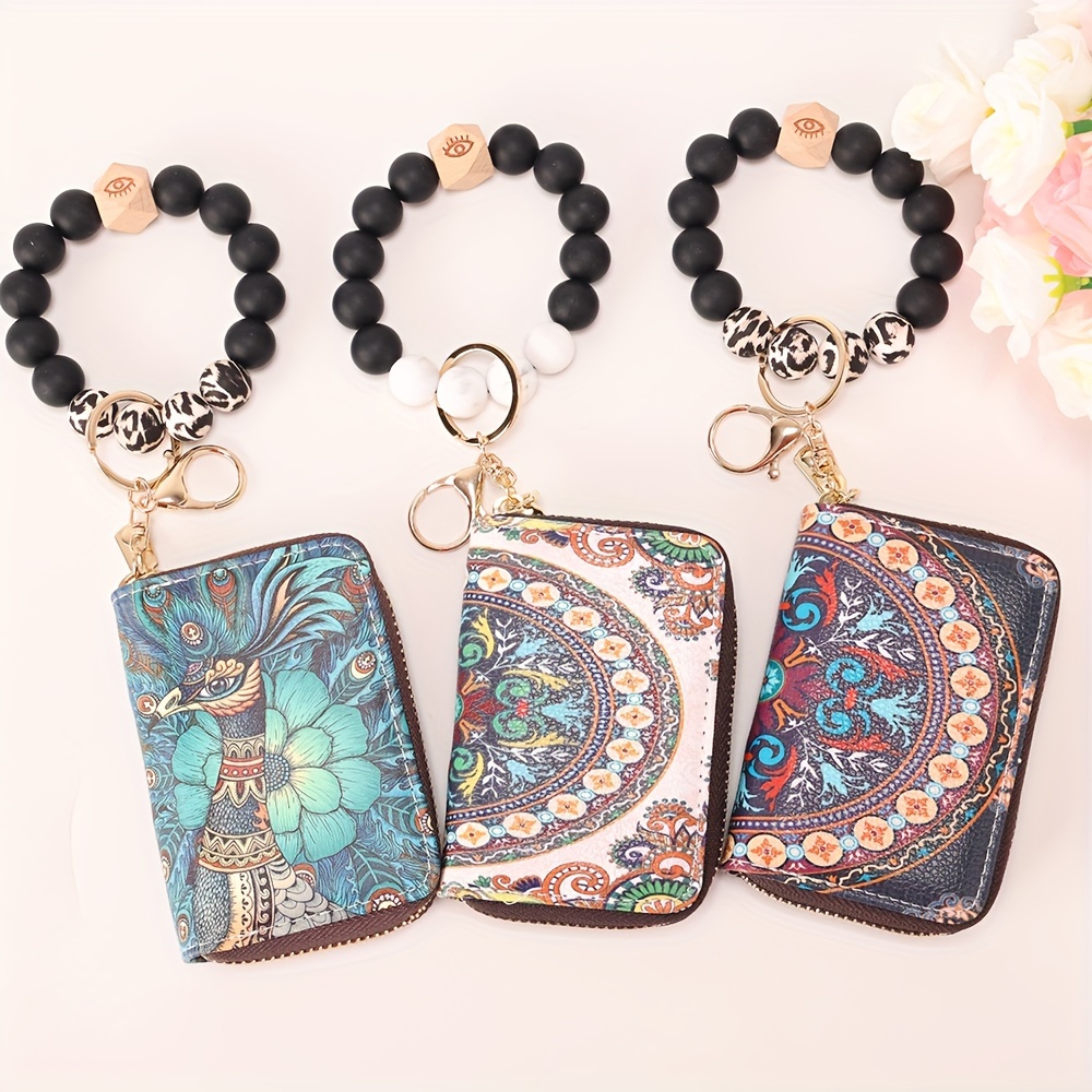 

Boho Silicone Beaded Bracelet Wristlet Keychain With Peacock Floral Pu Leather Wallet Coin Purse Card Holder Bag Charm Phone Lanyard Women Gift