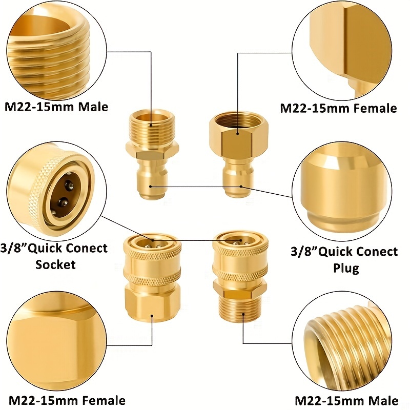 

4 Packs Pressure Washer Quick Disconnect Adaptor Set, M22-15mm To 3/8" Quick Release Couplers, All Solid Brass Connector Compatible With Sun Joe, Campbell, Mi-t-m, Stanley Electric Pressure Washers