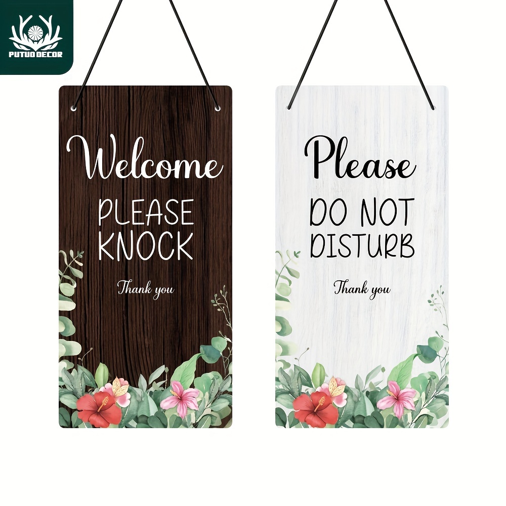 

1pc Putuo Decor Welcome Please Knock Pvc Sign, Reversible Double Sided Door Sign For Office Hotels, 10x 5 Inches Hanging Plaque, Please