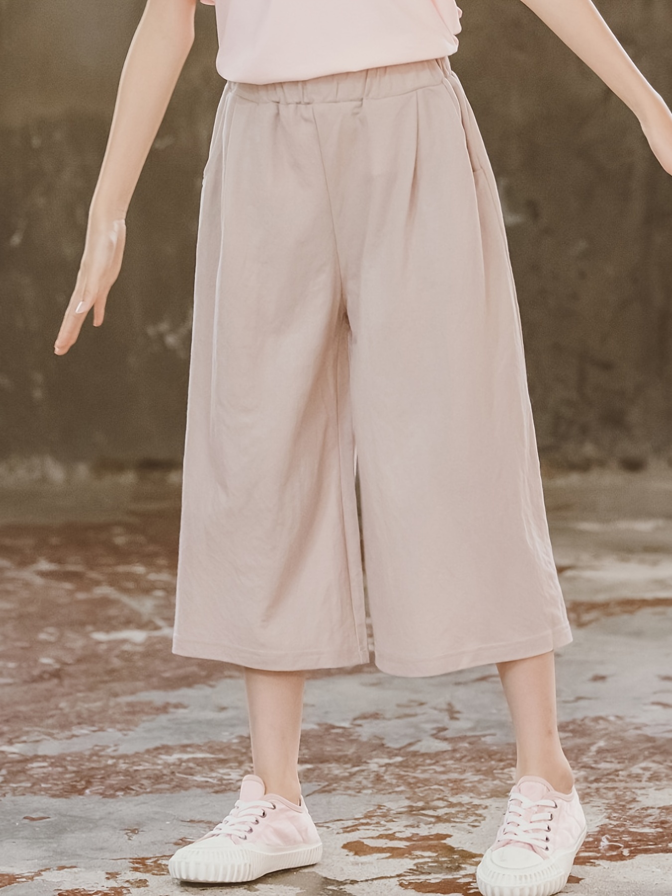 Women Elastic Waist Trousers Casual Loose Cropped Pants With Pockets
