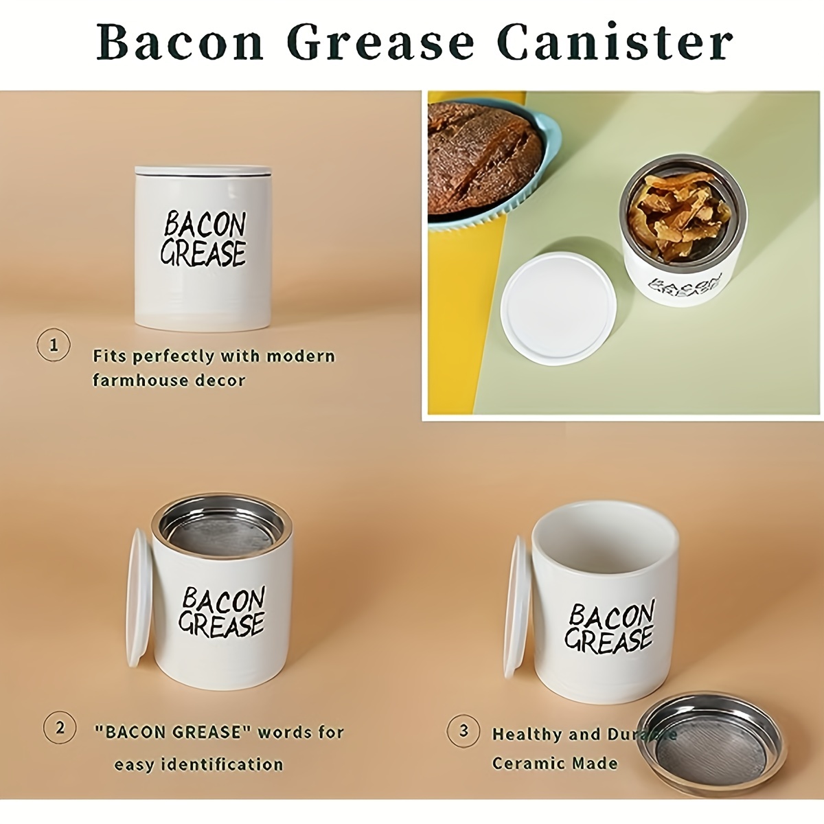 Ceramic Bacon Grease Container With Strainer And Lid, Bacon Grease Keeper, Bacon  Grease Saver With Stainless Strainer, Bacon Grease Oil Container, Oil  Storage Can, Porcelain Fat Filter Container, Kitchen Decor, Chrismas  Halloween