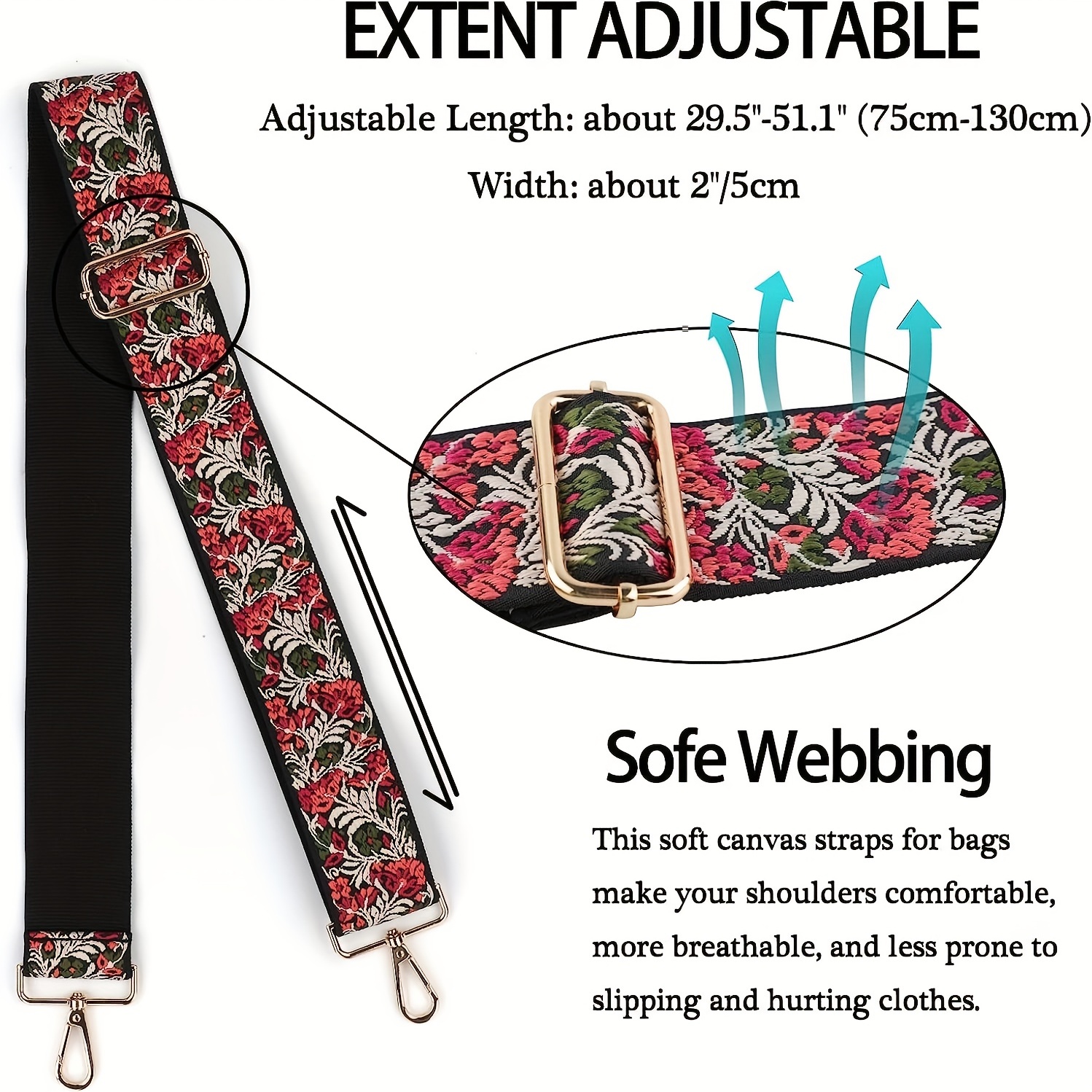 5cm Wide Red Embroidered Bag Strap Adjustable Purse Strap 