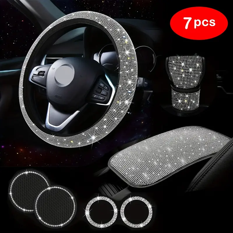 7Pcs Car Decoration Kit, Car Accessories, Car Steering Wheel Covers Set For  Women, Bling White Artificial Diamond, Center Console Cover Pad