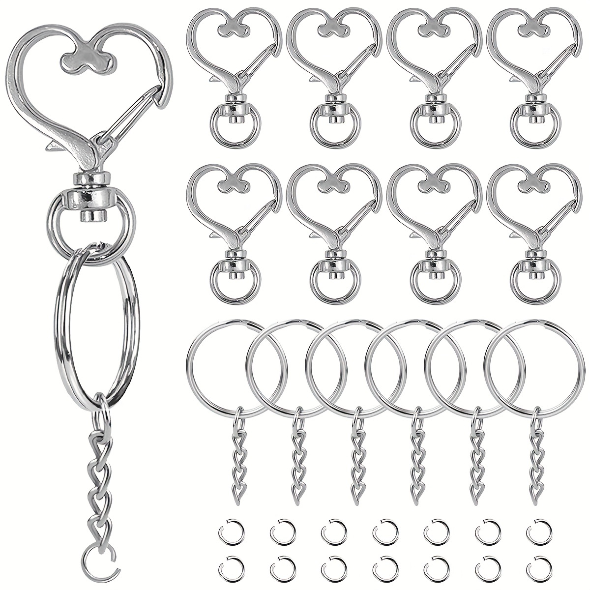 

150pcs Heart Shaped Keychain Swivel Snap Hook Set Metal Silvery Keychain Lobster Clasp Split Key Ring