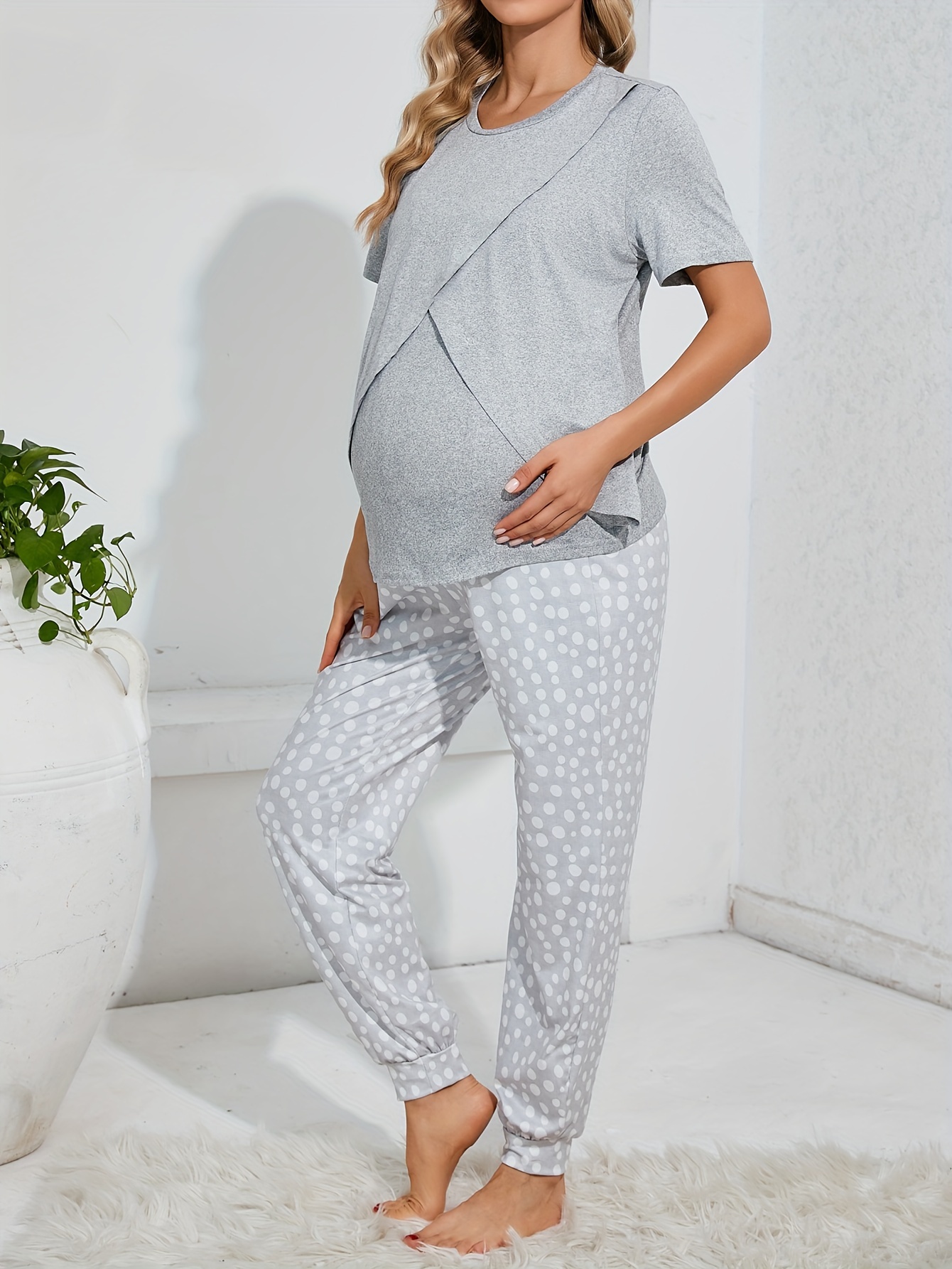 Pregnant Women's Maternity Casual Elegant Nursing Pajamas Sets, Open Front  Breastfeeding Long Sleeve Crew Neck Shirt & Comfy Loose Elastic Pants For D
