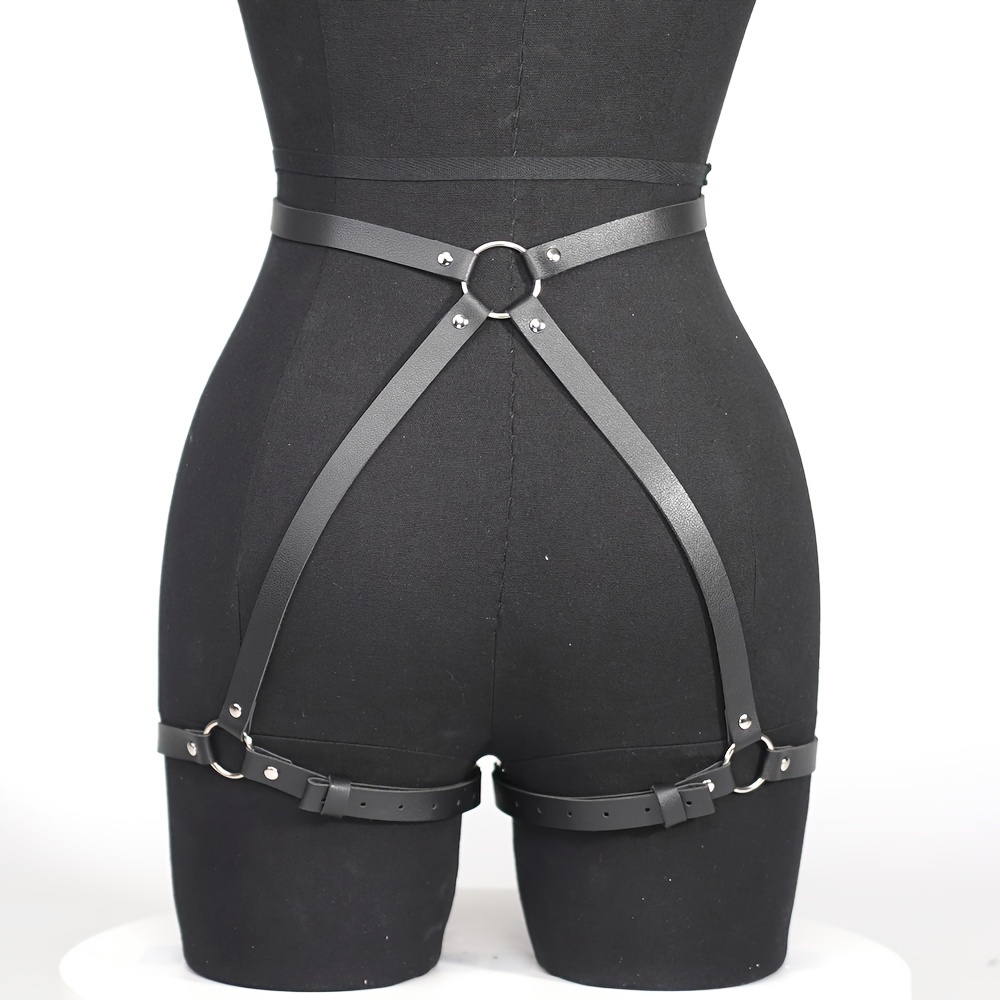 Leather Body Harness Waist Belt Single Leg Garter Punk Suspender single leg  straps Black 