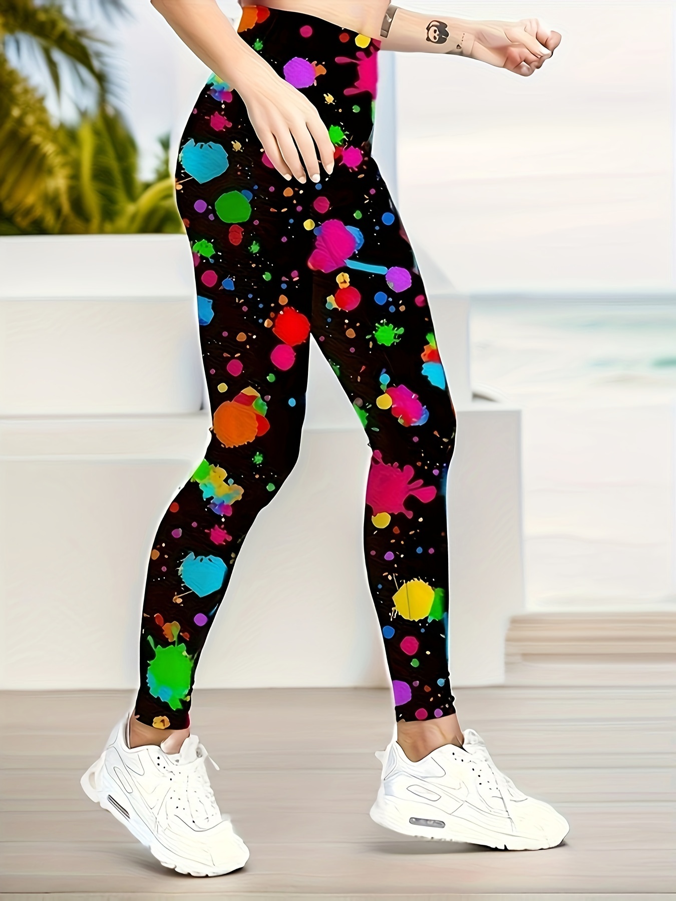 Leggings Esportivas De Secagem Rápida Com Estampa De Graffiti Colorida,  Calças Apertadas De Ioga Para Corrida E Treino De Levantamento De Bumbum