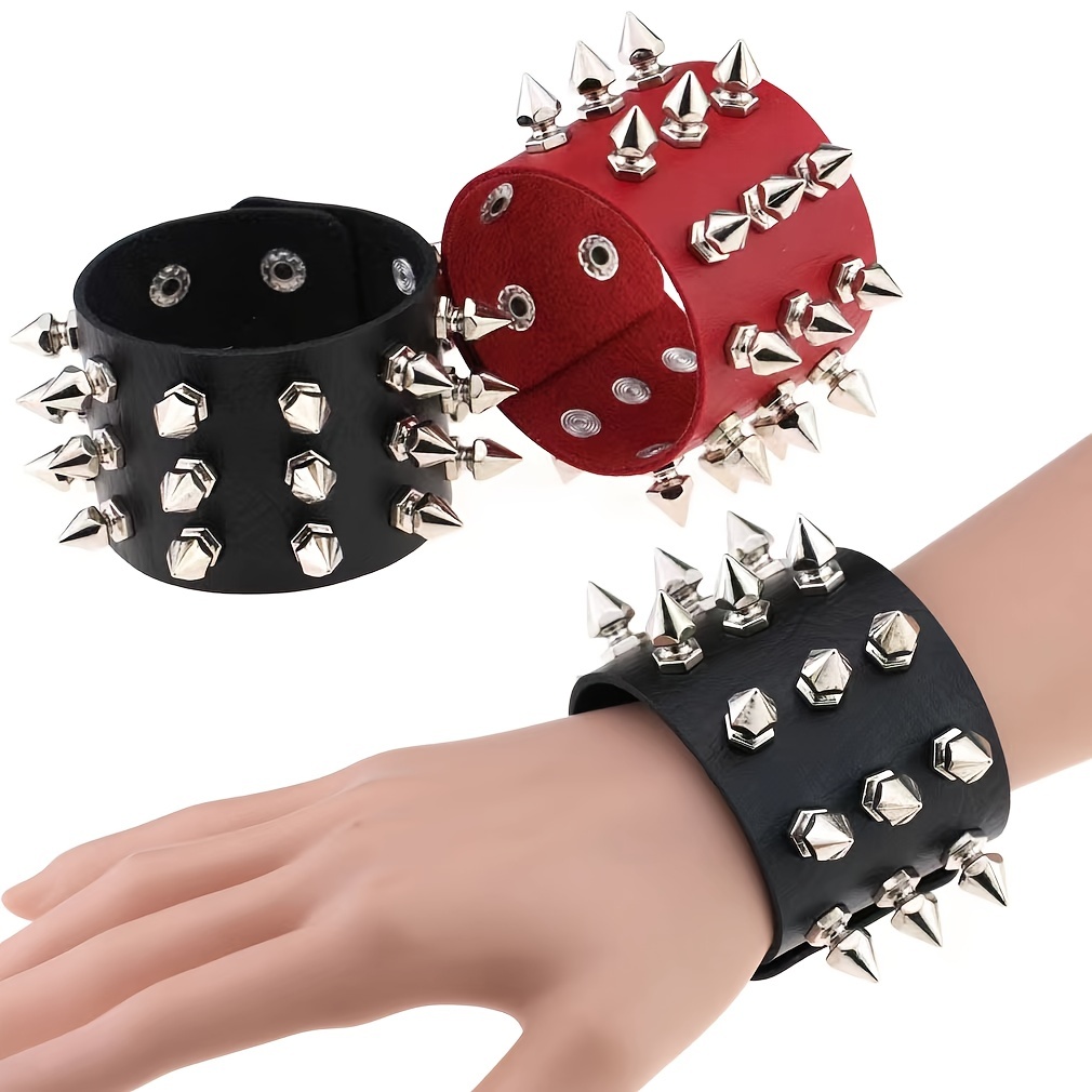 Punk Leather Spike Bracelet - Leather Cuff Biker Bracelet with Spikes for  Men, Women and Kids